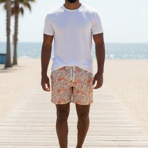 Saks Fifth Avenue Luxury Coral Print Swim Shorts - Orange/Blue - Large